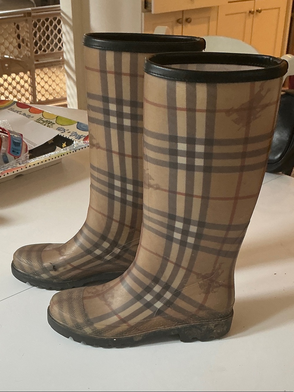 Burberry Beige Plaid Women's Rain Boots